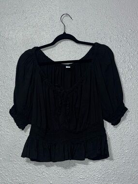 Black Peasant Blouse with Ruffle Hem